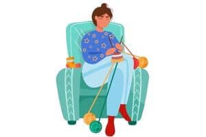 A graphic of a woman sitting and knitting which is her passion 