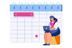 A graphic of a woman sitting on a laptop in front of a big calendar 