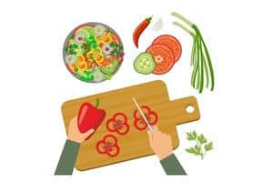 A graphic of a woman hands cutting a pepper with some chopped vegetable around. 