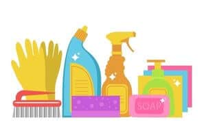 A graphic of cleaning supplies and gloves