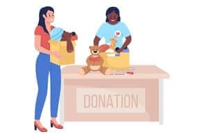 A graphic of two women helping with donations of toys 