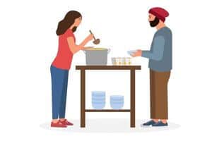 A graphic of a woman serving soup to a homeless man