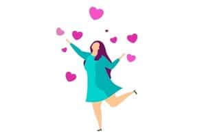 A graphic of a woman jumping surrounded in pink hearts