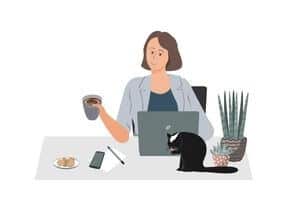 A graphic of a Christian homemaker on a computer and holding coffee