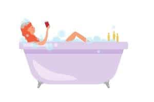 A graphic of a woman resting in a bubble bath reading a book