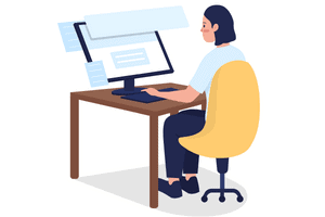 A graphic of a woman sitting on the computer 