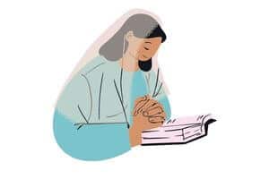 A graphic of a woman praying with a veil on her head while reading the Bible
