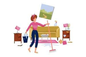 A graphic of a mom cleaning the living room that is messy