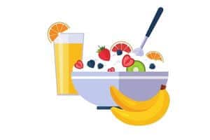 A graphic of breakfast, some bananas, cereal and orange juice