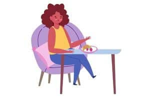 A graphic of a homemaker eating lunch by herself