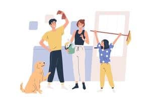 A graphic of a family helping the mom clean up