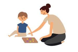A graphic of a homemaker playing a board game with her son