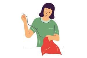A graphic of a homemaker mending a cloth with a needle and thread