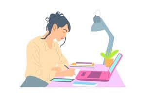 A graphic of a woman writing something down