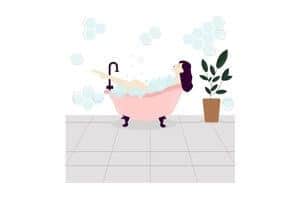 A graphic of a homemaker in a bath and relaxing