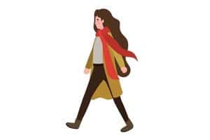 A graphic of a woman walking in the wind