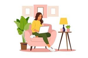 A graphic of a homemaker typing on a computer and sitting in a comfy chair
