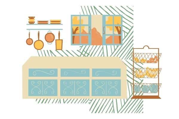 A graphic of a kitchen counter with some shelves and utensils hanging