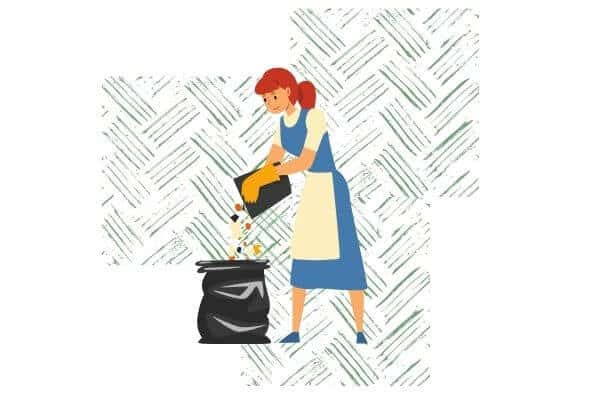 A graphic of a homemaker throwing garbage out