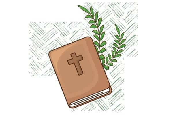 A graphic of the bible and some palm leaves