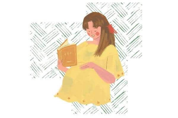 A graphic of a pregnant Christian woman reading the bible