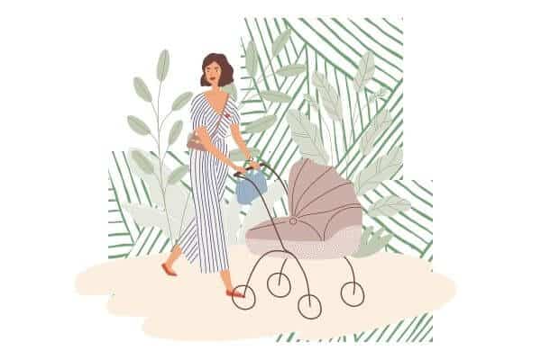 A graphic if a homemaker pushing her child in a stroller