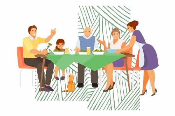 A graphic of a happy family sitting at the dinner table