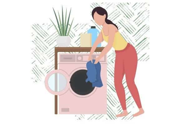 A graphic of a homemaker doing laundry and putting clothes in the washer