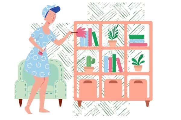 A graphic of a Christian homemaker cleaning a book shelf